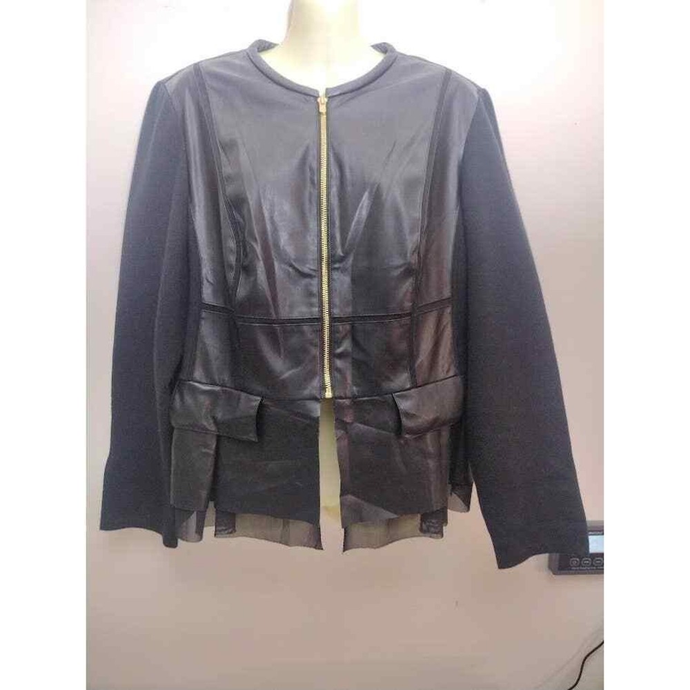 Chico's Zip Up Faux Leather Peplum Jacket with Tulle Fringe, Sz 2‎ (12 M)